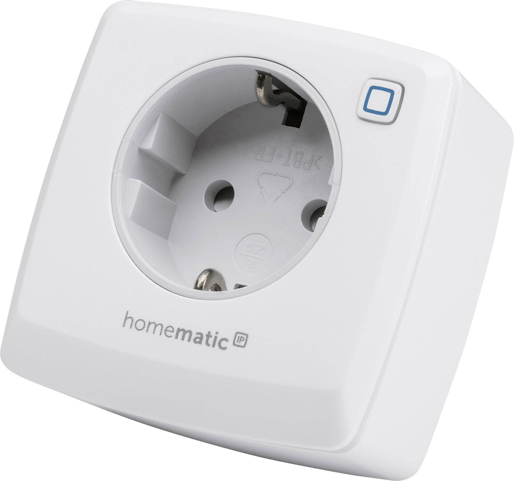 Une prise Homematic IP blanche avec un bouton de commande en haut à droite. Sert à commander à distance les appareils connectés.