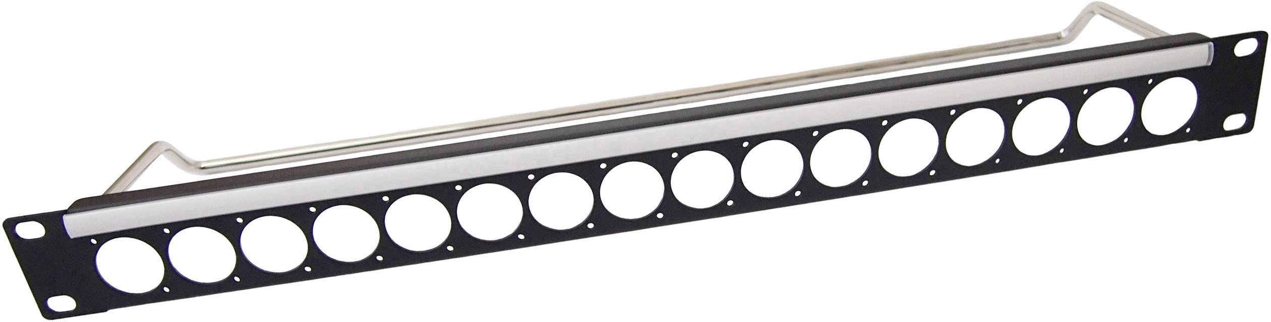 Un panneau de brassage pour câblage réseau avec 12 ports ronds, monté sur un support métallique.