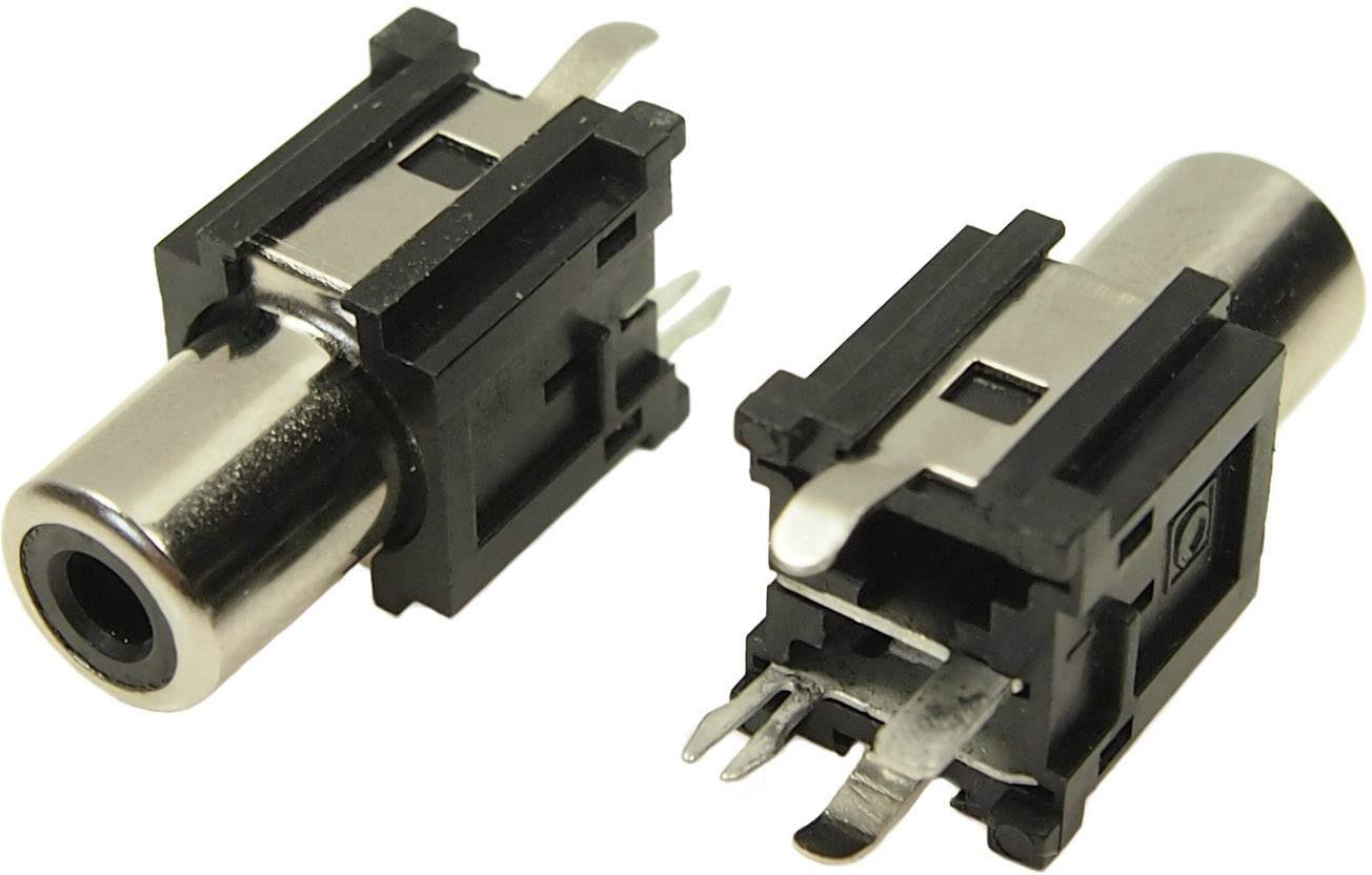 Deux prises audio noires et argentées, l'une posée à plat, l'autre verticale. Elles possèdent des contacts métalliques pour la fixation.