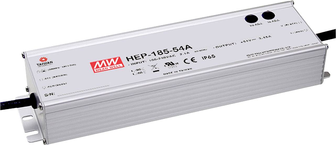 Voici une vue d'un bloc d'alimentation de la marque MEAN WELL, modèle HEP-185-54A, avec les spécifications suivantes : Entrées : 100-305VAC, Sorties : 54V, 3,44A.