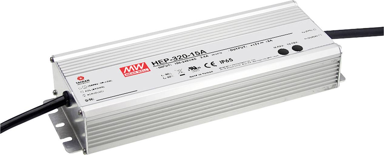 Module convertisseur avec connexions par câbles, étiqueté 'MEAN WELL', modèle HEP-320-15A. Adapté aux applications robustes et résistantes aux intempéries.