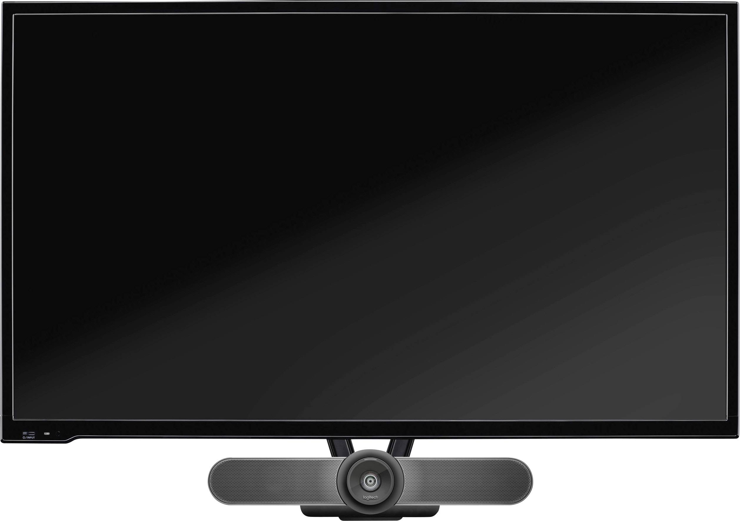 Un écran plat avec une webcam installée en bas au centre, sur un fond neutre.