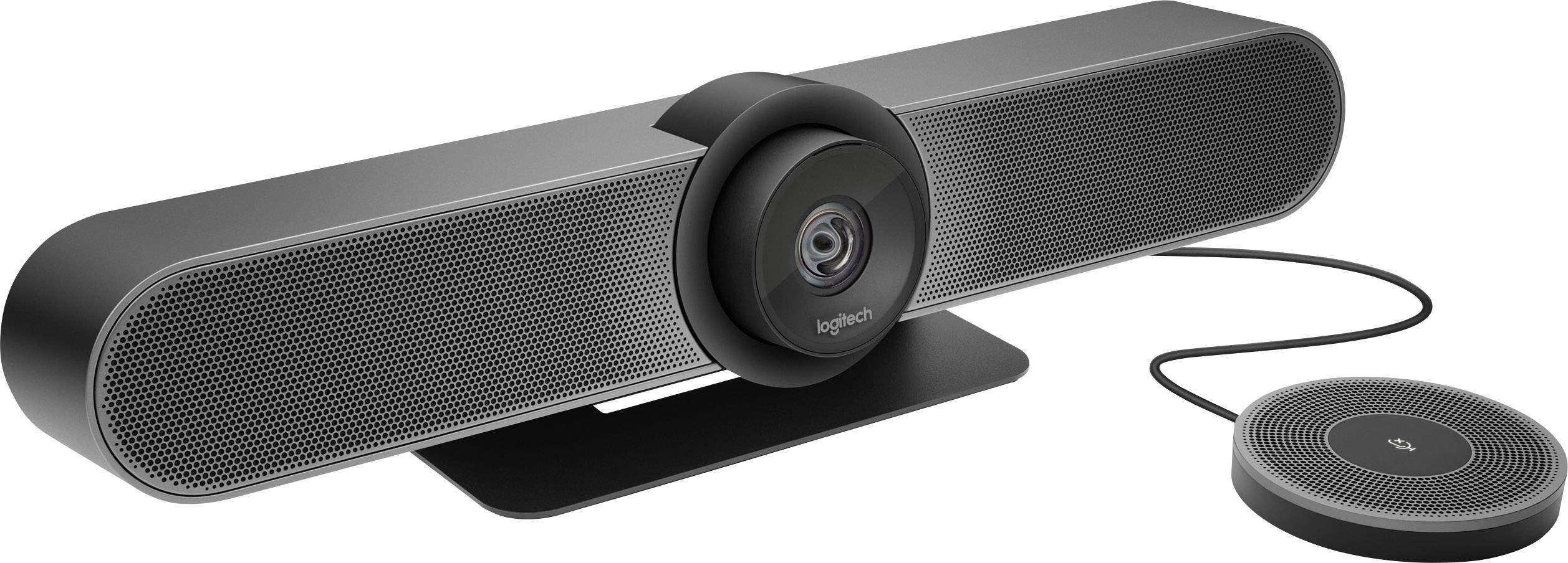 Webcam noire avec haut-parleur et microphone séparé montée sur une table. Idéal pour les salles de conférence.