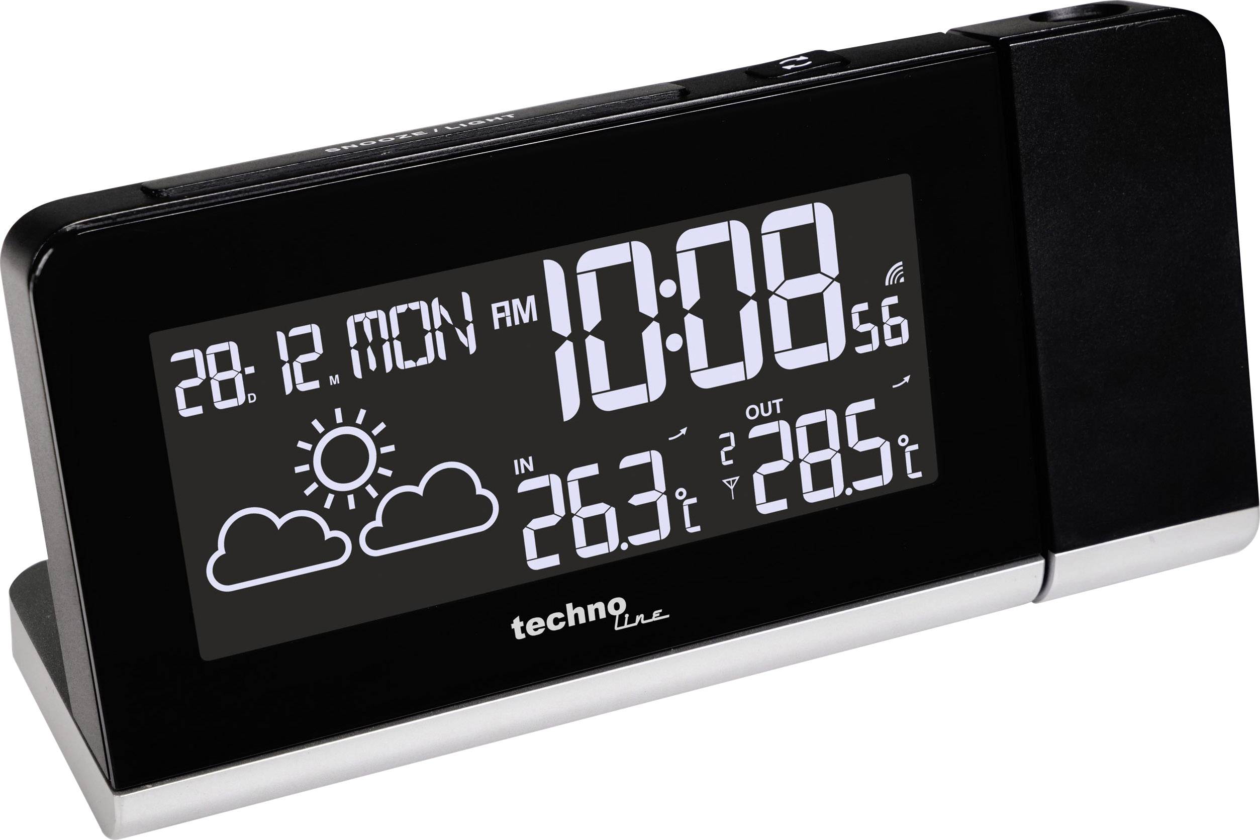 Horloge numérique noire affichant 10:08, avec la date 28.12 et les informations météorologiques : Soleil, nuages, température intérieure 26,3°C, température extérieure 28,5°C.