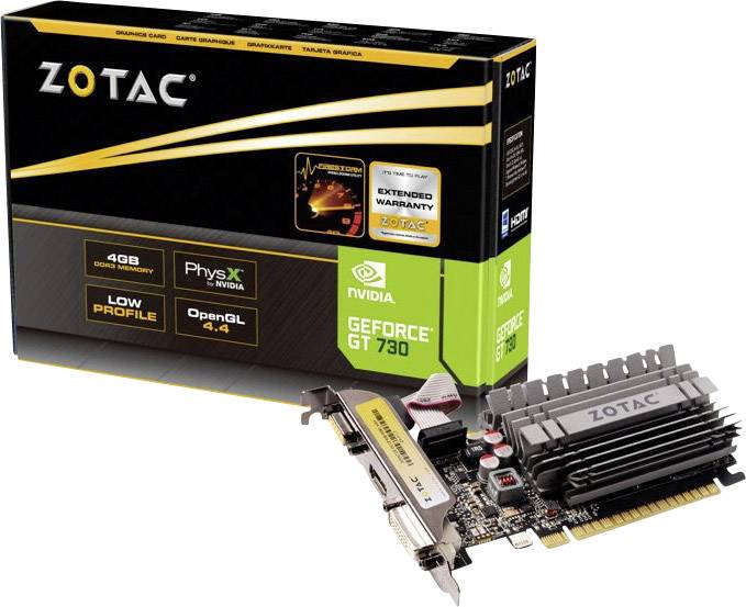 Une carte graphique ZOTAC GT 730 avec 4 Go de mémoire graphique. L'emballage met en avant PhysX, OpenGL 4.4 et un profil bas.