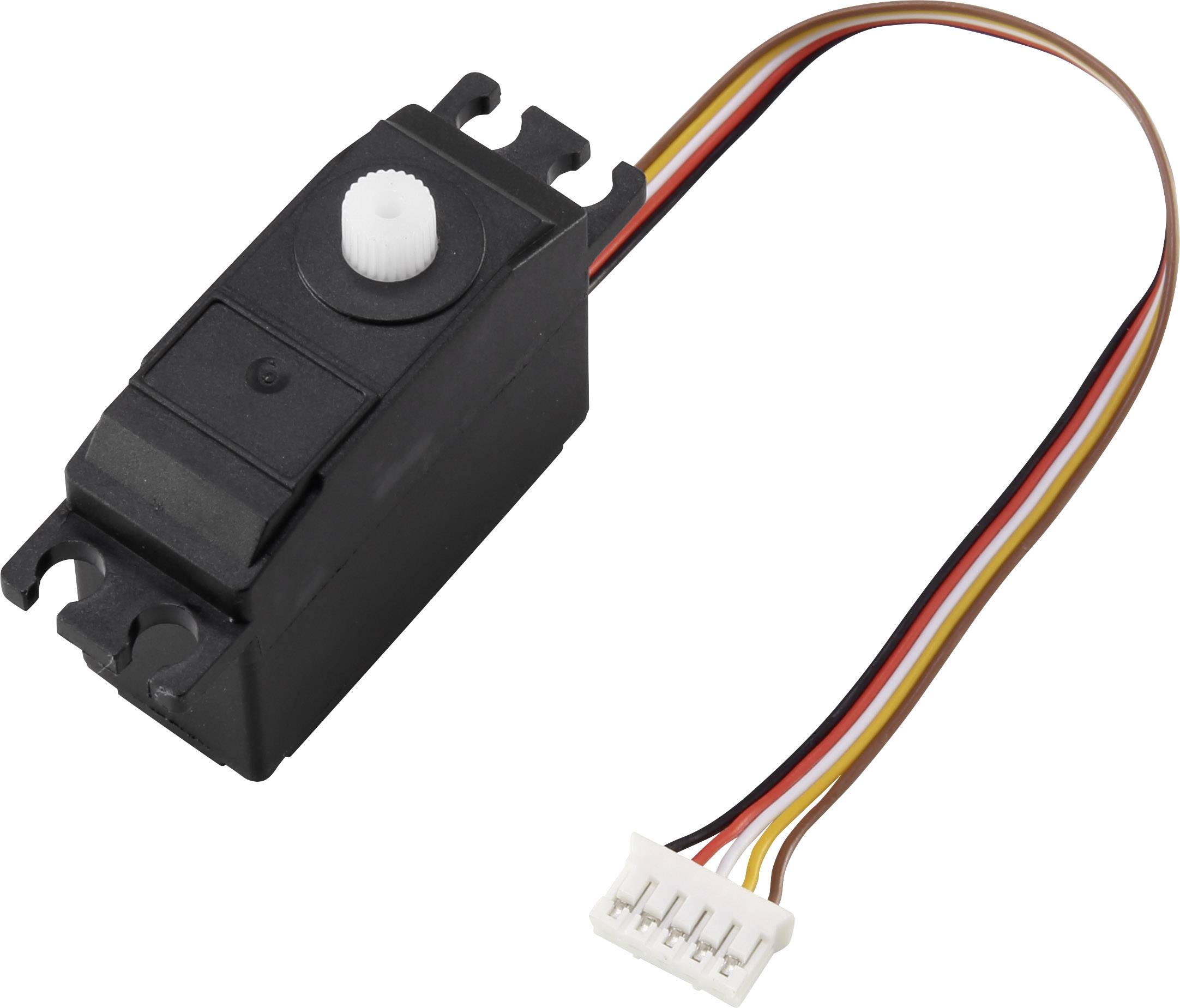 Moteur électrique noir avec un engrenage blanc sur le dessus. Quatre câbles de couleurs se terminent par une fiche blanche.