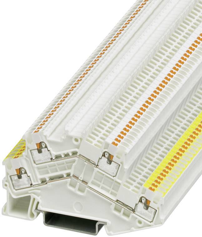 Barrette de bornes industrielle à connexions codées par couleur, adaptée pour le montage sur rail DIN dans les armoires électriques.