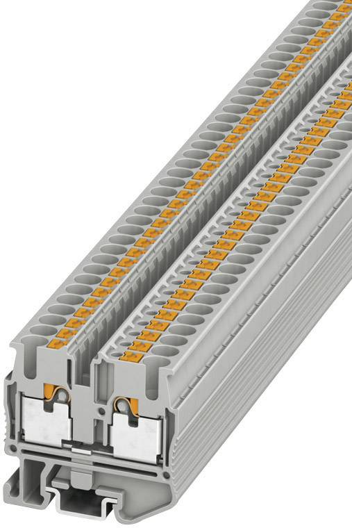 Barrette de connexion grise avec des bornes de raccordement orange, utilisée en électrotechnique pour la connexion de câbles.