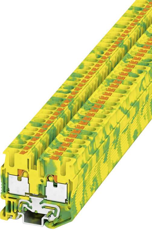 Barrette de jonction jaune-verte, couramment utilisée dans les installations électriques, pour connecter des câbles sur un rail DIN.