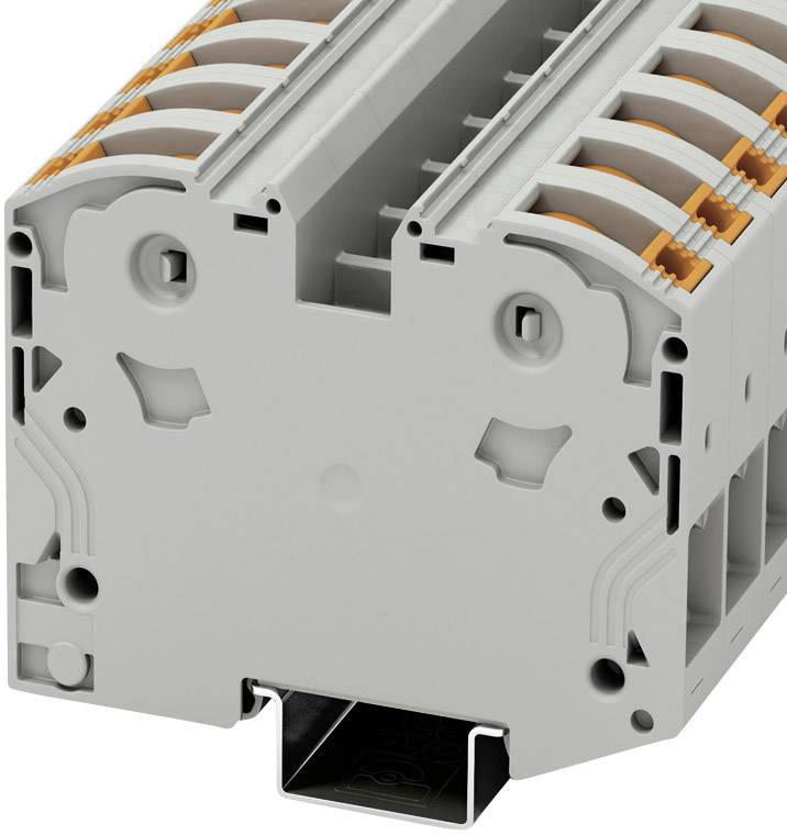 Module de bornes de série dual gris-orange à plusieurs points de connexion, adapté aux applications électriques industrielles.