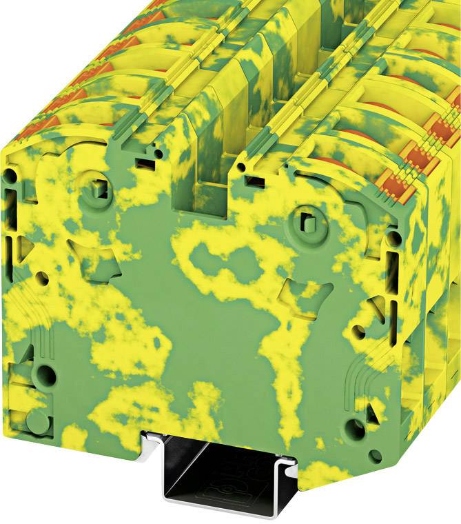 Bloc de bornes vert et jaune avec plusieurs connexions, composant typique des circuits électriques industriels.