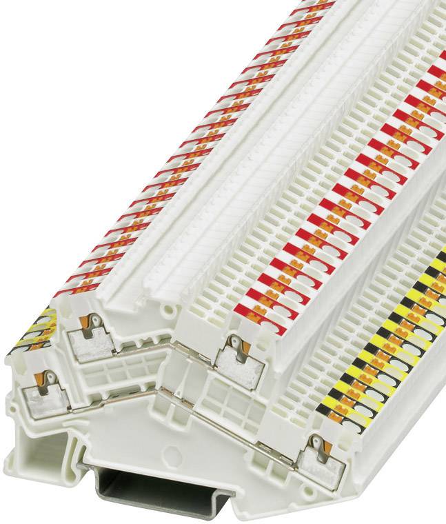 Une pile de connecteurs blancs avec des marquages colorés sur le dessus, utilisés pour la gestion des câbles dans les systèmes de télécommunication.