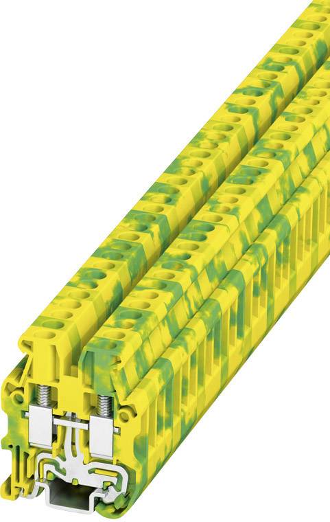 Bloc de bornes en plastique jaune-vert avec contacts métalliques de connexion. Utilisé pour les connexions électriques dans les boîtes de distribution.
