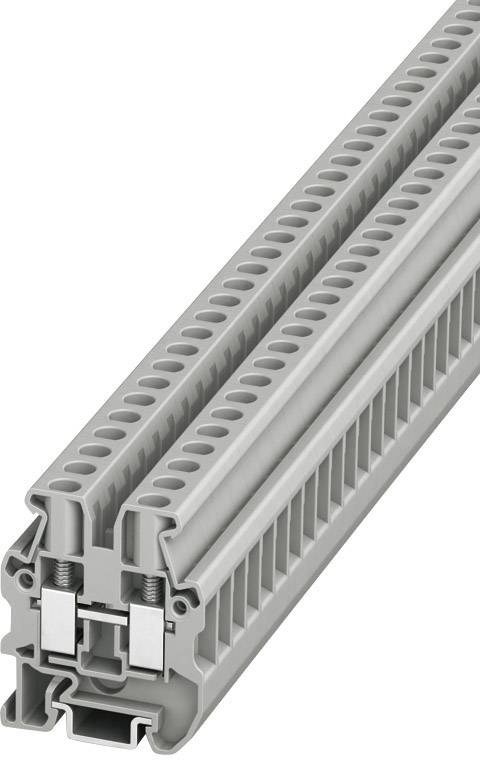 Barrette de connexion en plastique gris isolé, avec deux points de jonction, adaptée à la fixation sur rail de support.