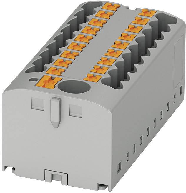 Un bloc de connexion électrique rectangulaire gris avec plusieurs bornes oranges pour les fils, souvent utilisé dans les installations électriques.