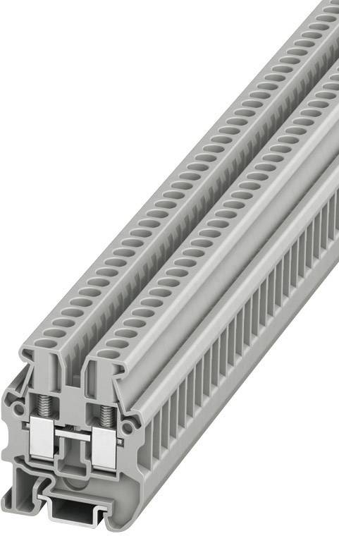 Module de bornier gris à double étage avec connexions à vis, adapté pour la distribution de lignes électriques.