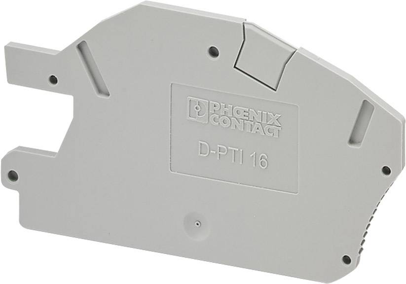 Un module de connexion gris Phoenix Contact D-PTI 16 en plastique, de forme rectangulaire, avec des possibilités de fixation et de raccordement.