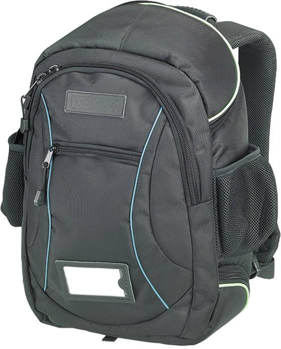 Un sac à dos noir avec des détails turquoise, plusieurs compartiments à fermeture éclair et une poche transparente à l'avant.