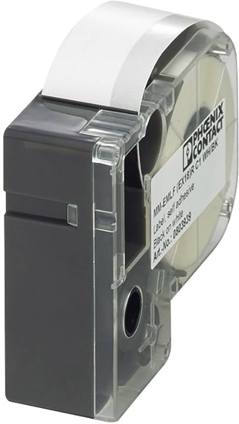 Un boîtier de cassette d'étiquettes gris et transparent, portant l'inscription 'Phoenix Contact'. À l'intérieur, on peut voir du ruban adhésif blanc.