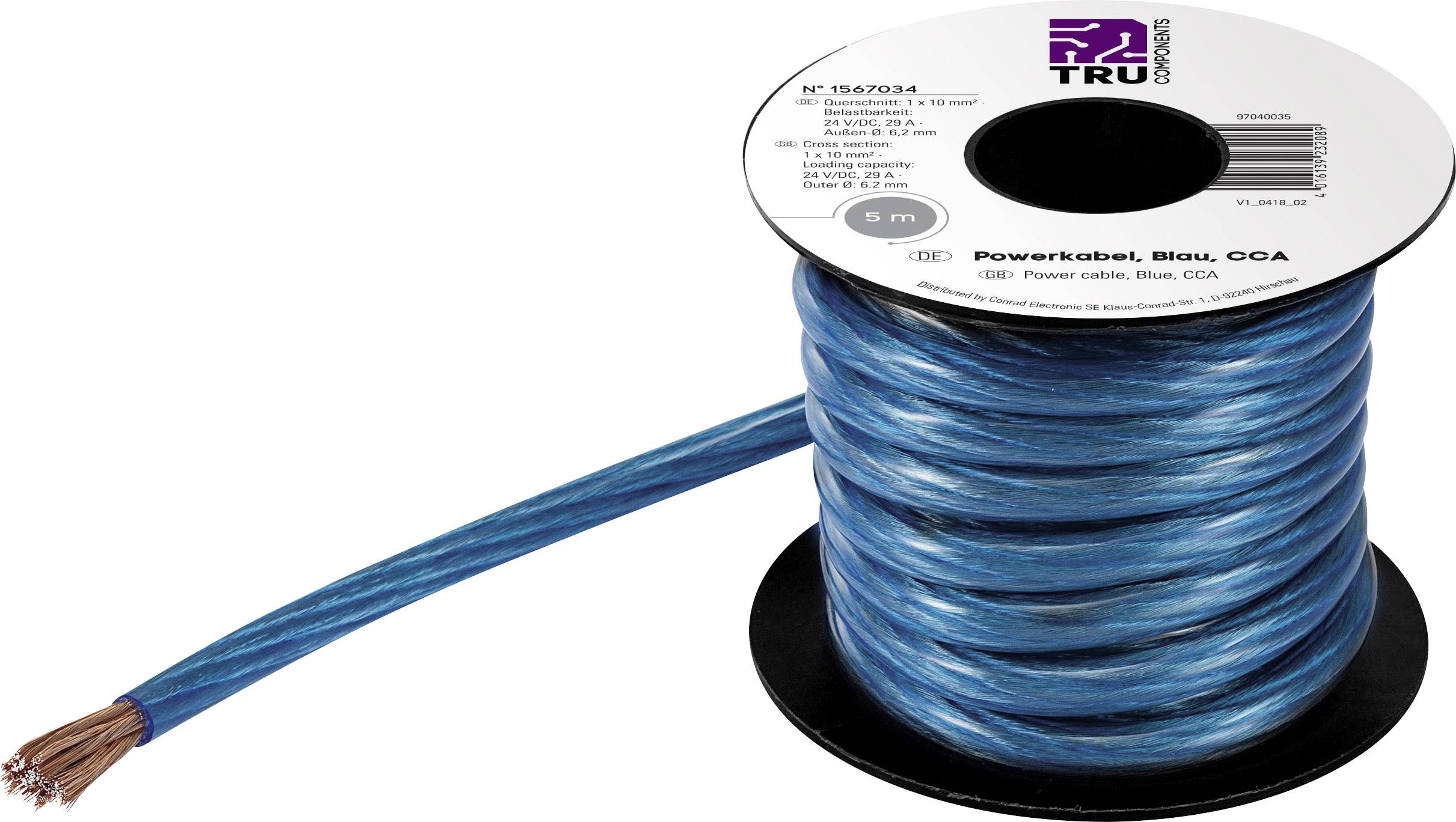 Rouleau de câble électrique bleu avec extrémité de fil de cuivre ouverte, long de cinq mètres, 0GA, pour l'alimentation électrique. Les spécifications techniques sont indiquées sur le rouleau.