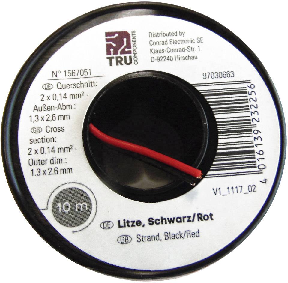 Rouleau de fil noir et rouge, 10 mètres de long, dimensions extérieures 1,3 x 2,6 mm, section 2 x 0,14 mm².