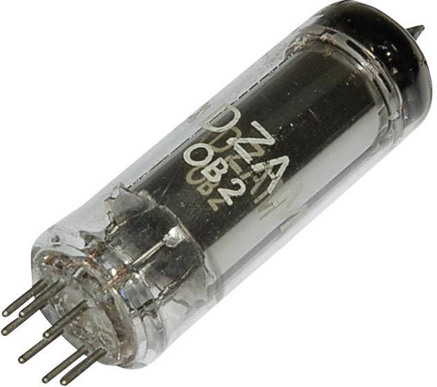 Eine Glasröhre mit Metallstiften, vermutlich eine Elektronenröhre, auf der die Aufschrift '0B2' steht.