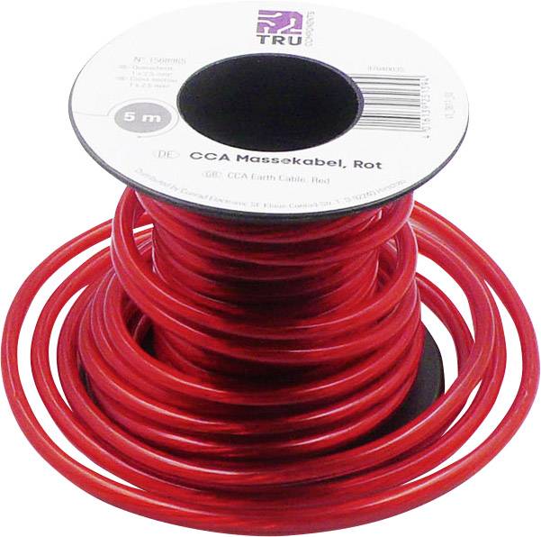 Rouleau de câble rouge, long de 5 mètres, étiqueté 'Câble de masse CCA, Rouge'.