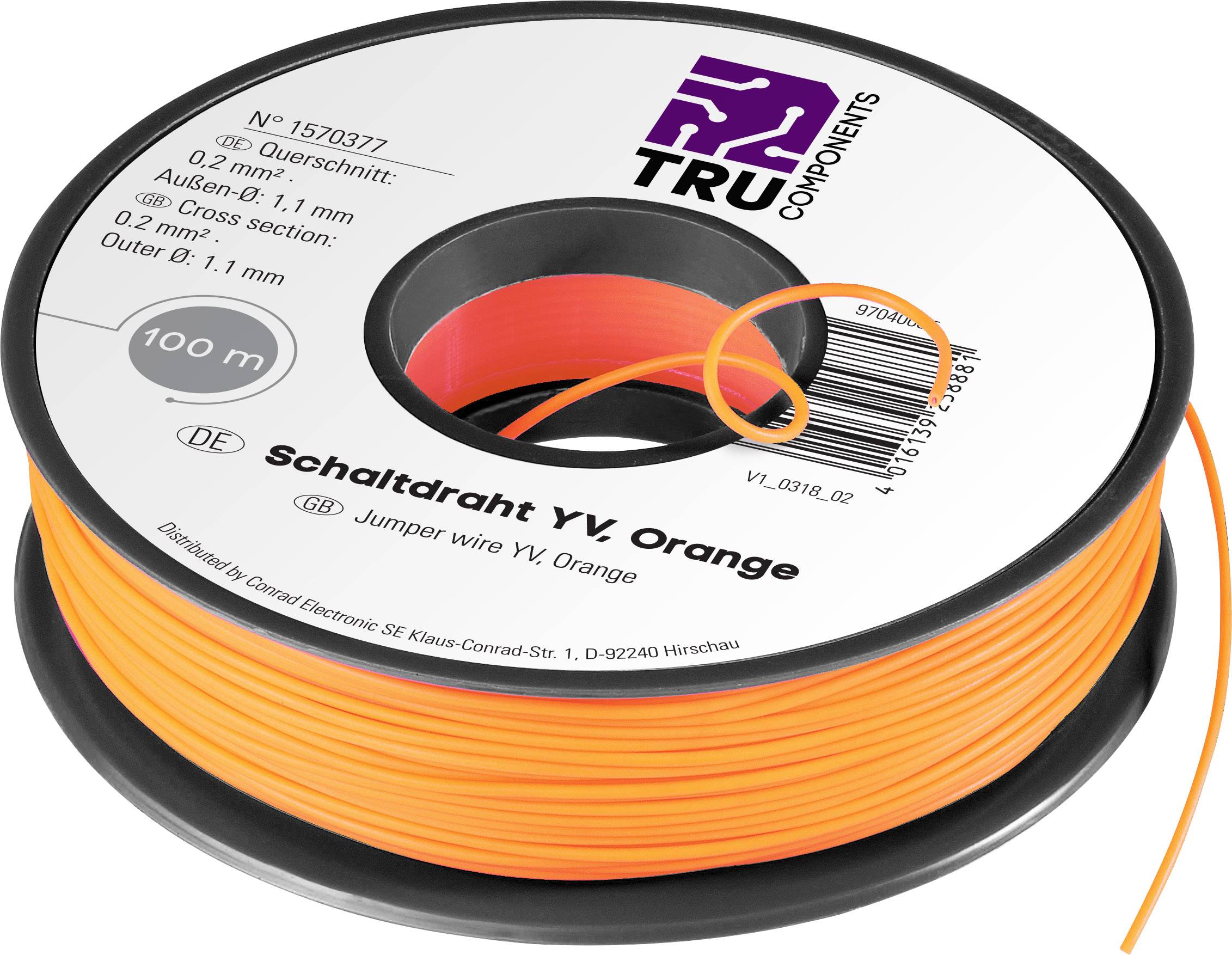 Rouleau de fil orange avec étiquette : Fil de connexion YV, longueur 100m, diamètre 0,81mm, numéro de modèle 1570377, marque TRU COMPONENTS.