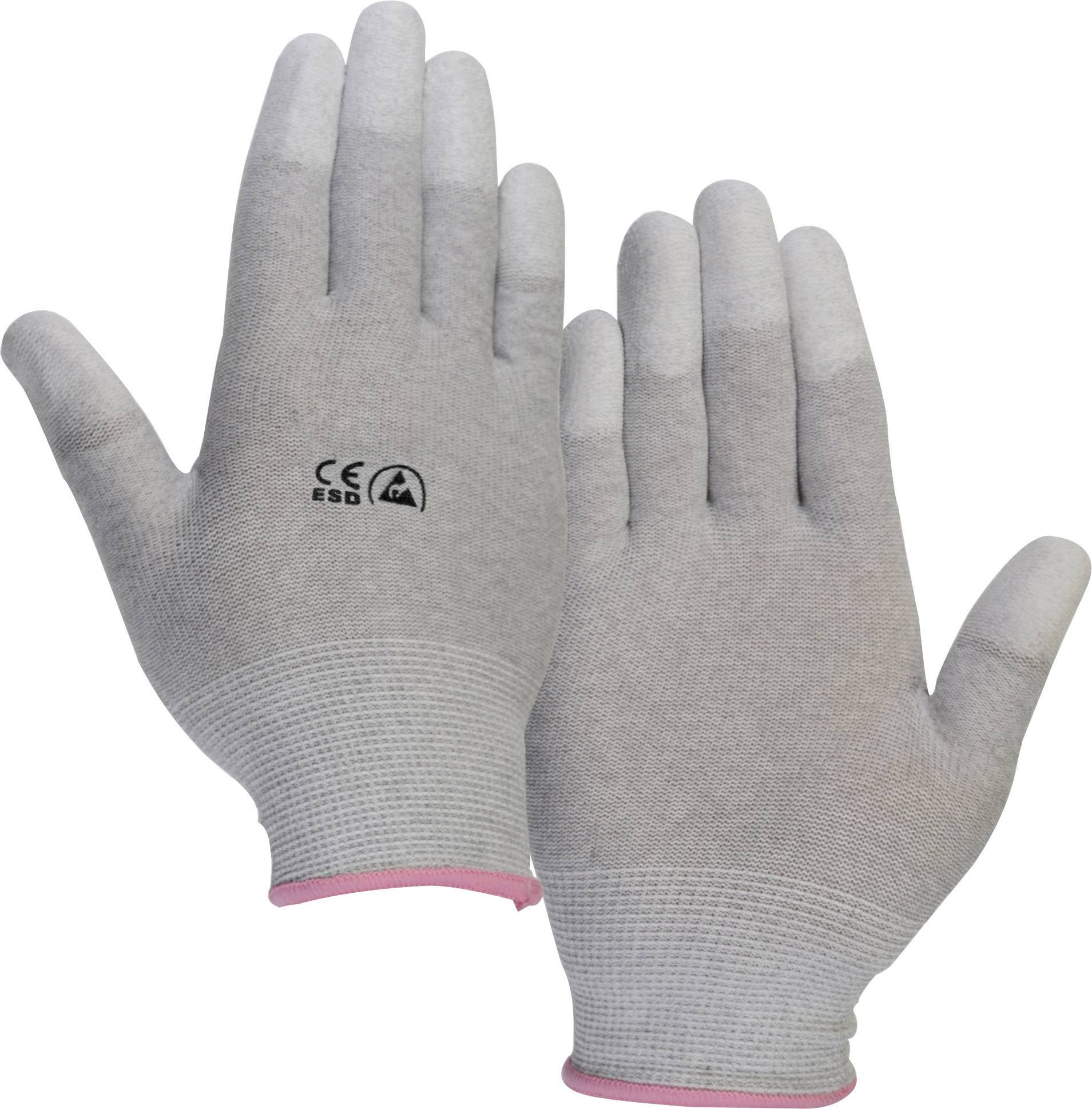 Gants de sécurité gris certifiés CE et ESD, paumes vers le haut. Adaptés aux zones de protection électrostatique.