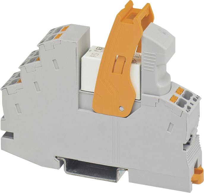 Un composant électrique gris, modulaire, avec un levier orange, monté sur un rail DIN. Il est utilisé dans les armoires électriques.