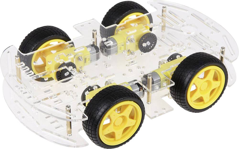 Quatre roues jaunes sur un châssis transparent d'une petite voiture robotique, adaptée aux projets techniques ou scolaires.