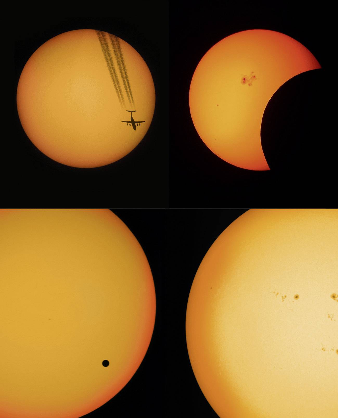 Quatre images du soleil : Avion devant le soleil, éclipse solaire partielle, Vénus devant le soleil, surface solaire avec taches solaires.