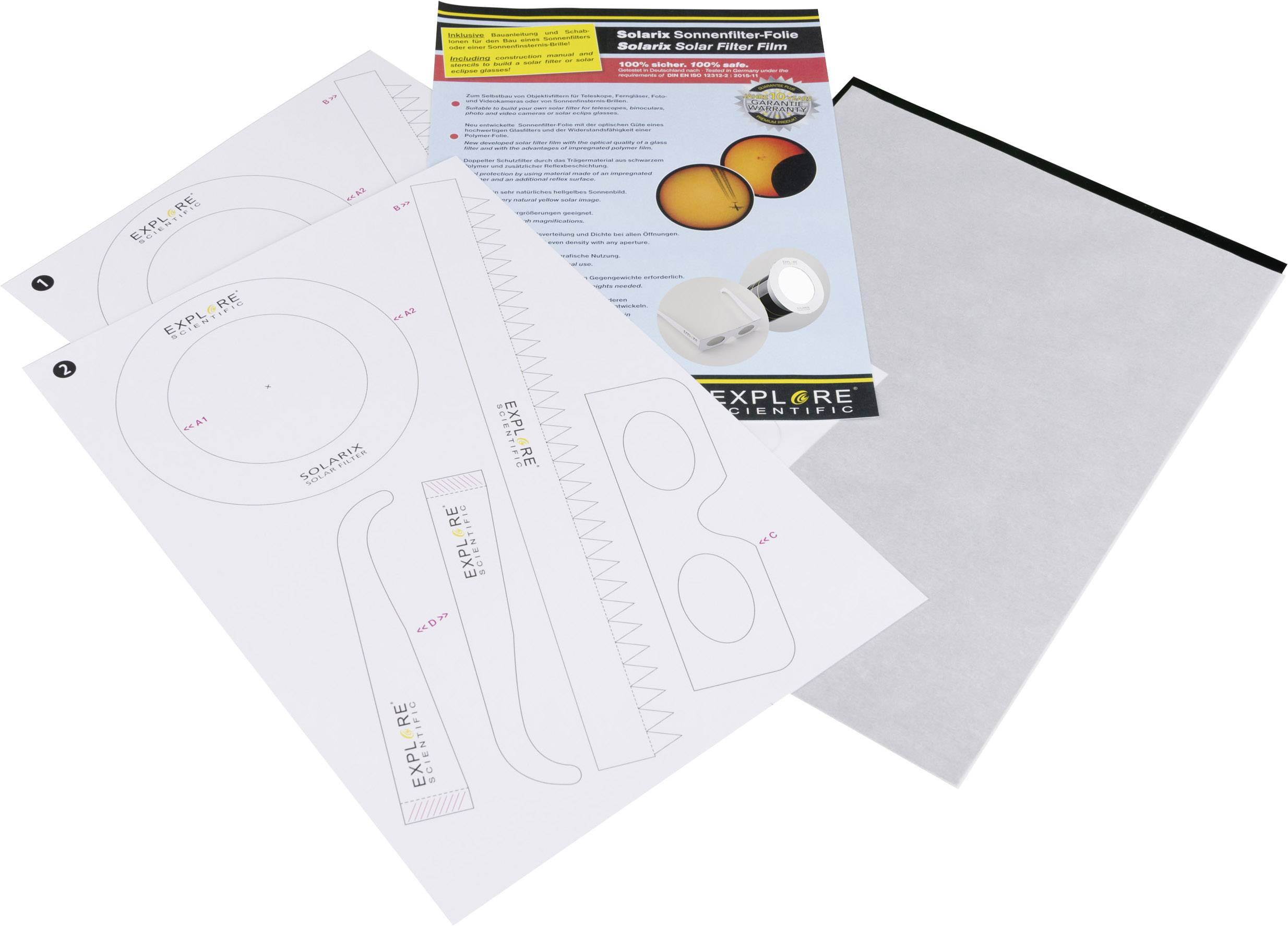 Modèle de bricolage en papier et instructions pour créer un filtre solaire, avec texte explicatif et matériaux disposés sur une table.