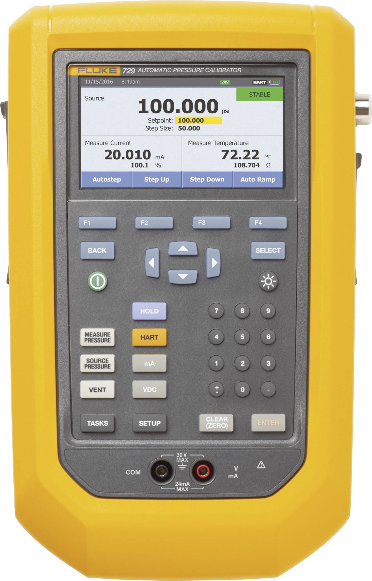 Un dispositif de calibrage de pression automatique jaune avec affichage numérique. Affiche une valeur de pression de '100.000 psi' et une température de '72,22 °F'.
