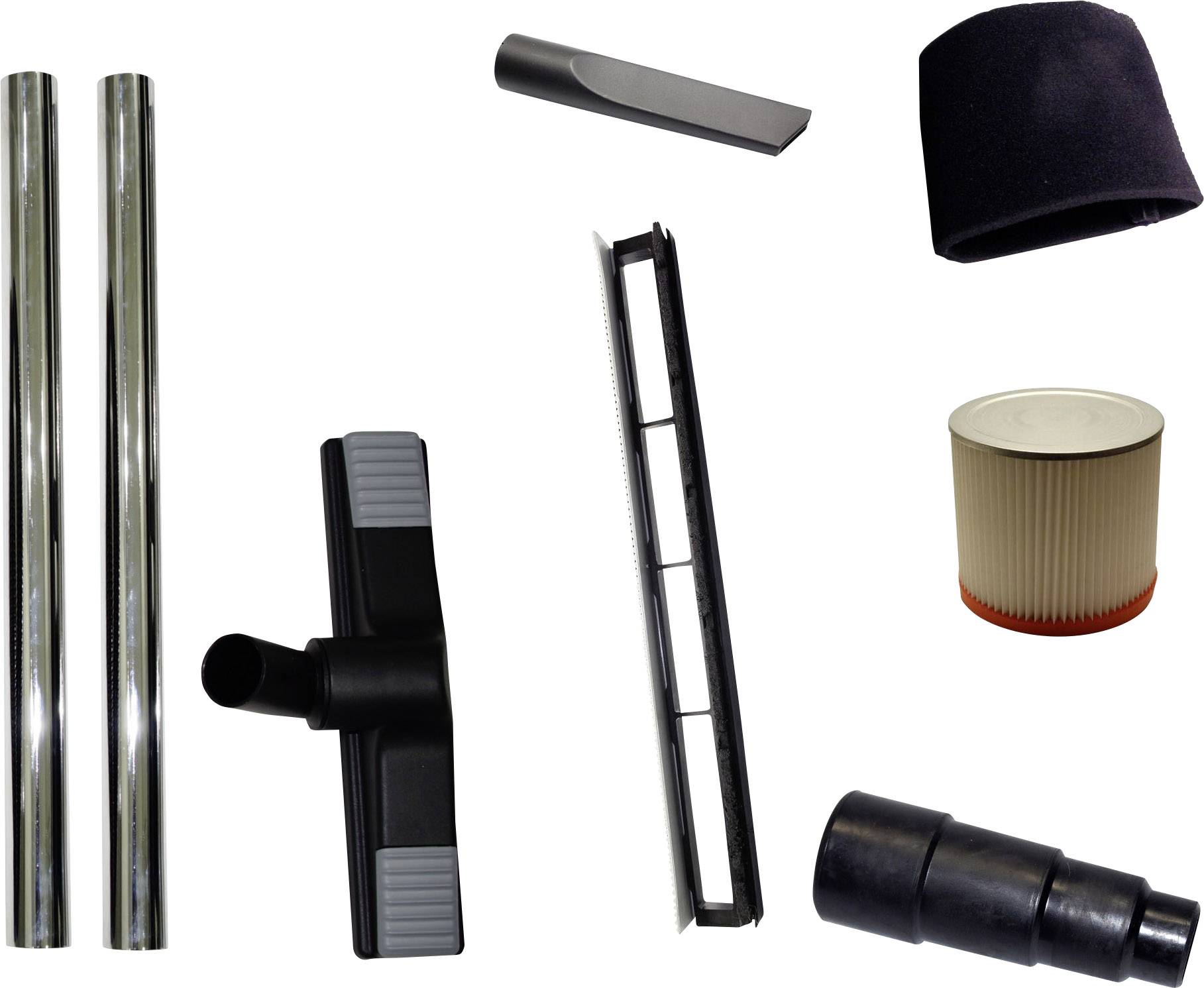 Accessoires d'aspirateur : deux tubes rallonges, embouts de buses, filtres et tête d'aspiration. Convient à divers travaux de nettoyage.
