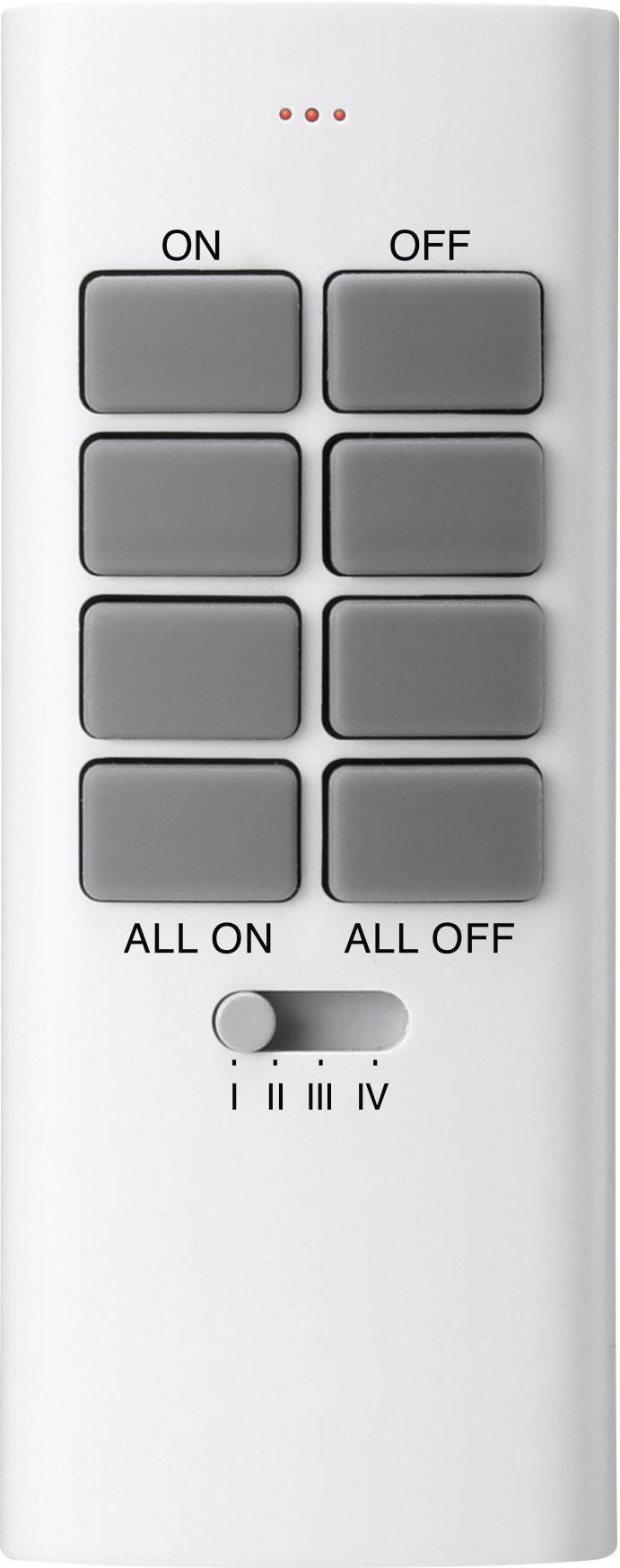 Télécommande à huit touches : 'ON', 'OFF', 'ALL ON', 'ALL OFF' et quatre positions d'interrupteur avec I, II, III, IV.