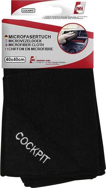 'Chiffon en microfibre noir, 40x40 cm, pour le nettoyage des cockpits automobiles. L'illustration montre le produit et son emballage.'