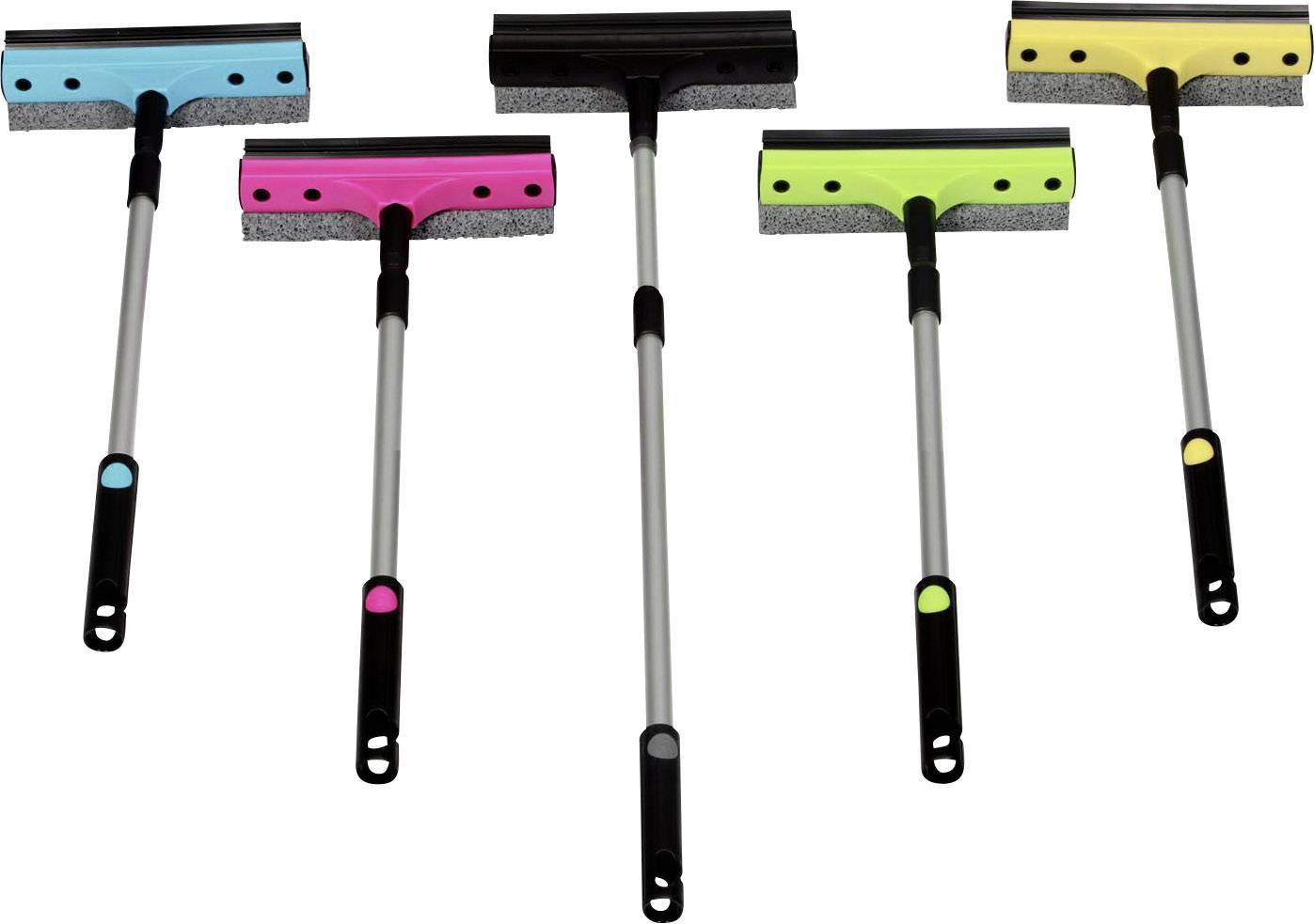 Cinq essuie-vitres colorés en bleu, rose, noir, vert et jaune sur un fond blanc, avec des manches longs et une bande d'éponge.