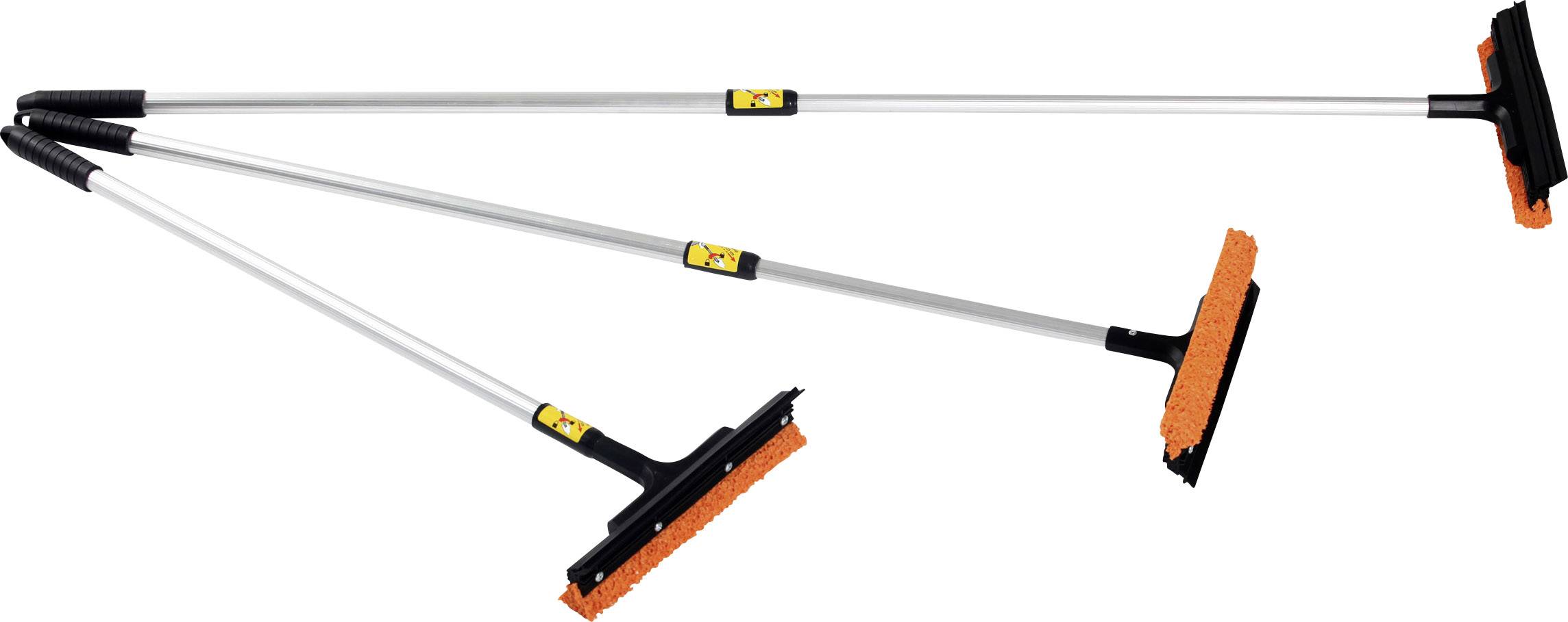 Trois grattoirs à glace pliables avec une lame en mousse orange et une poignée noire, disposés côte à côte.