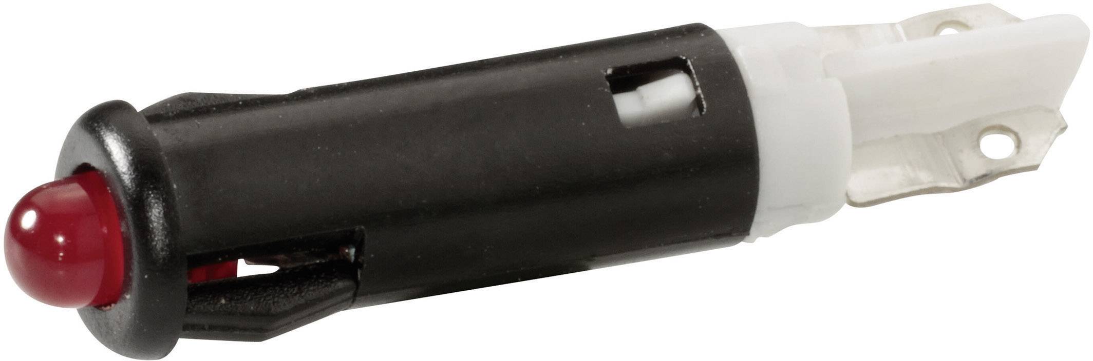 Un composant électrique noir avec une diode électroluminescente rouge et des composants en plastique blanc, probablement un interrupteur électrique ou un capteur.