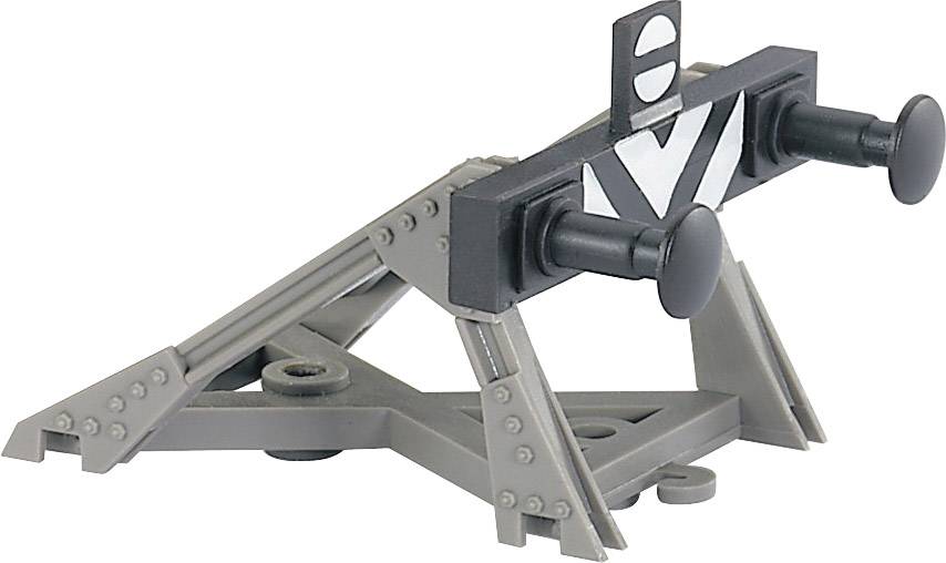 Modèle plastique d'une construction de butoir en matériaux argenté et gris, avec deux grandes têtes de tampon noires.