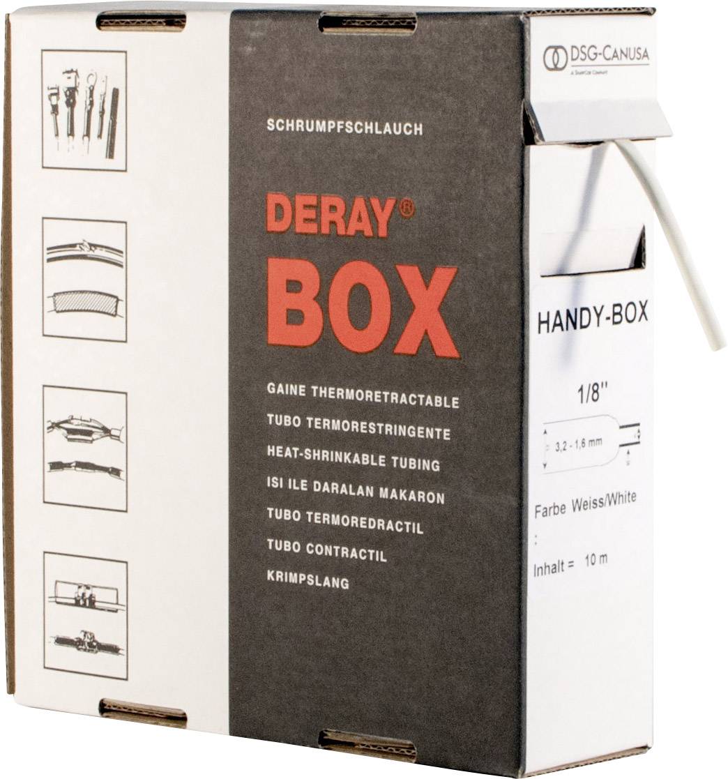 Boîte de gaine thermoretractable 'Deray Box' contient un tube thermoretractable blanc. Longueur : 10 m, diamètre : 1/8''.