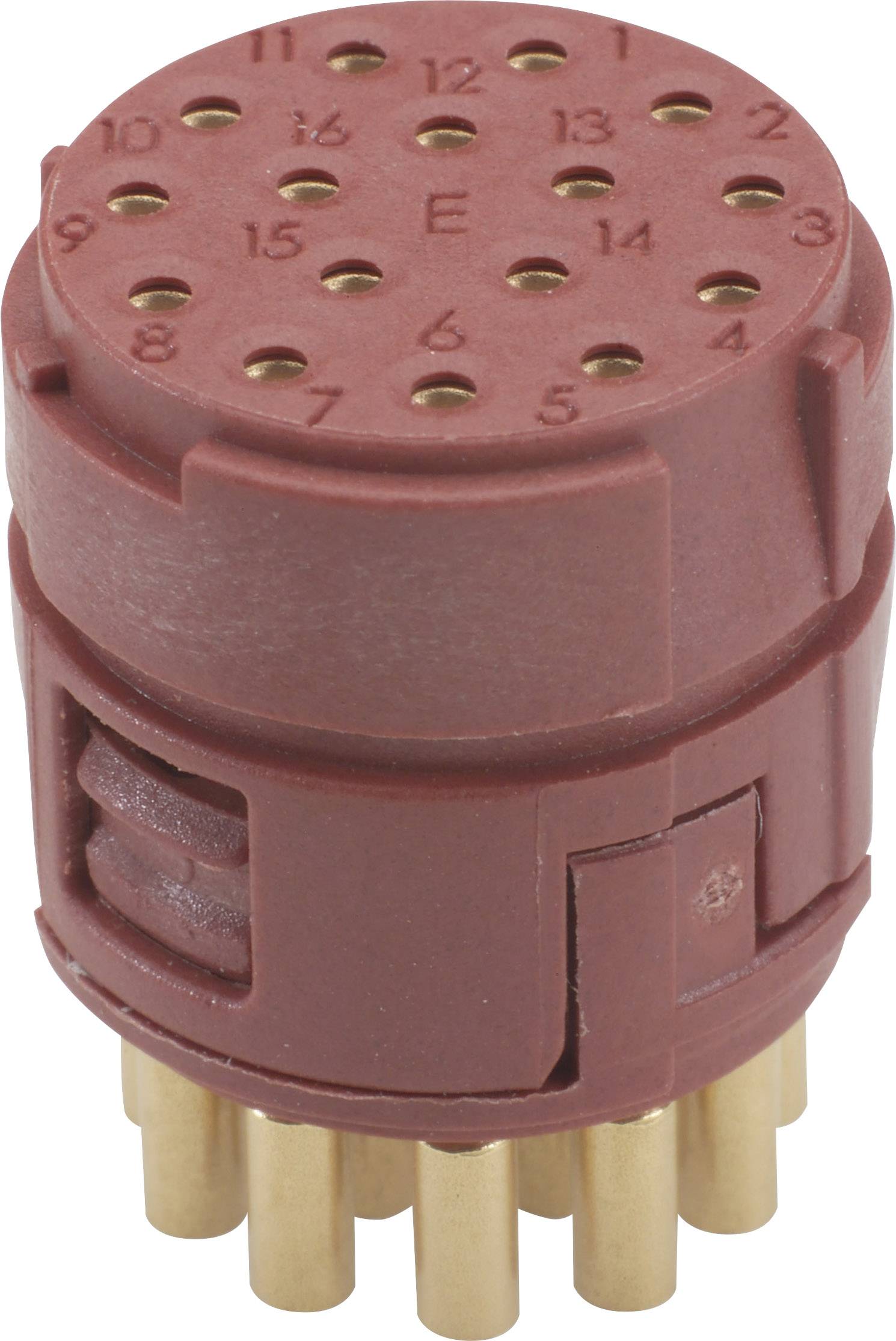 Connecteur en plastique avec 19 trous numérotés et broches de connexion dorées en bas. Utilisé pour connecter des composants électriques.