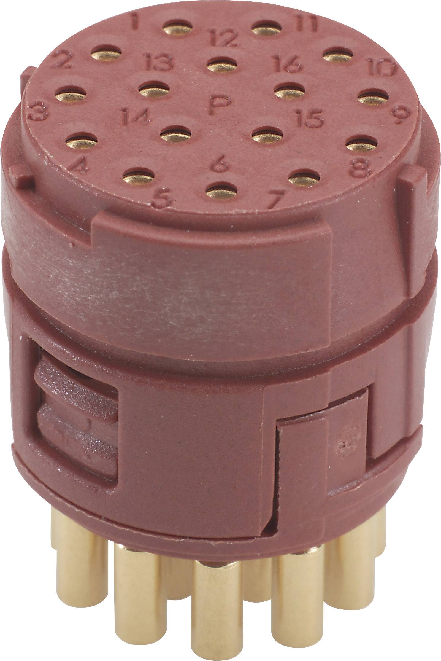 Connecteur électrique rouge-brun avec seize trous numérotés et broches dorées pour connexions électriques ; forme cylindrique.