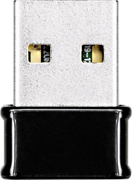 Dongle USB, argenté avec une partie en plastique noir, gros plan. Branché pour une connexion sans fil ou un transfert de données.