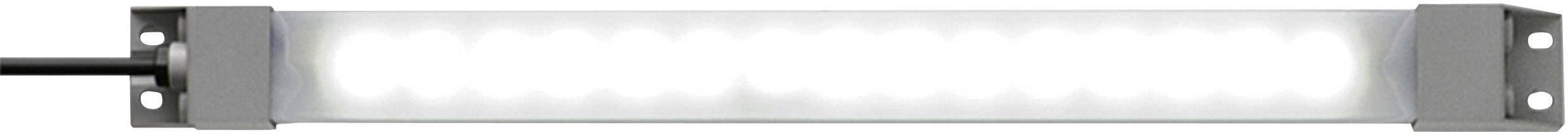 Un éclairage LED rectangulaire avec deux trous de fixation sur chaque côté et un raccordement de câble à gauche.