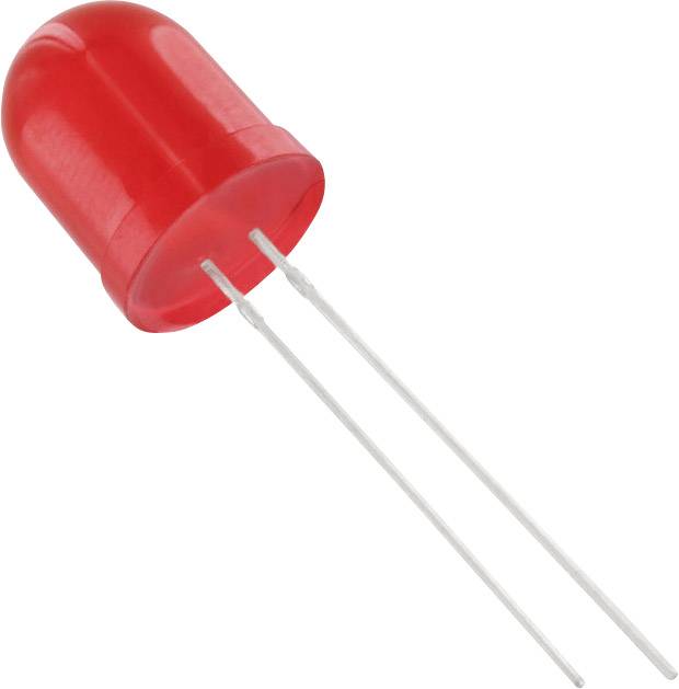 LED rouge avec deux connexions argentées sur un fond blanc, montrant la face avant de la diode électroluminescente.
