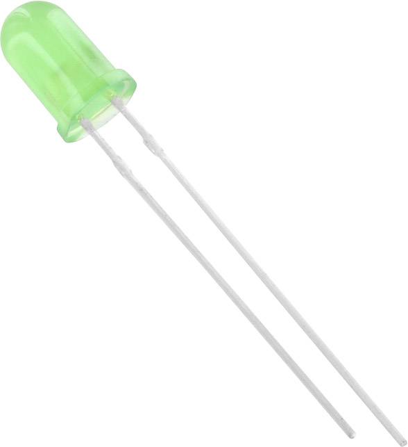 Une LED verte avec deux fils de connexion, en position semi-allongée.