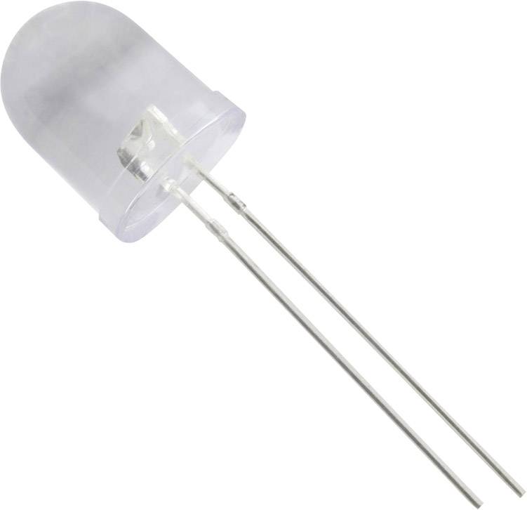 Une diode LED transparente avec deux bornes métalliques, légèrement incurvée. Elle est conçue pour être utilisée dans des dispositifs électroniques.
