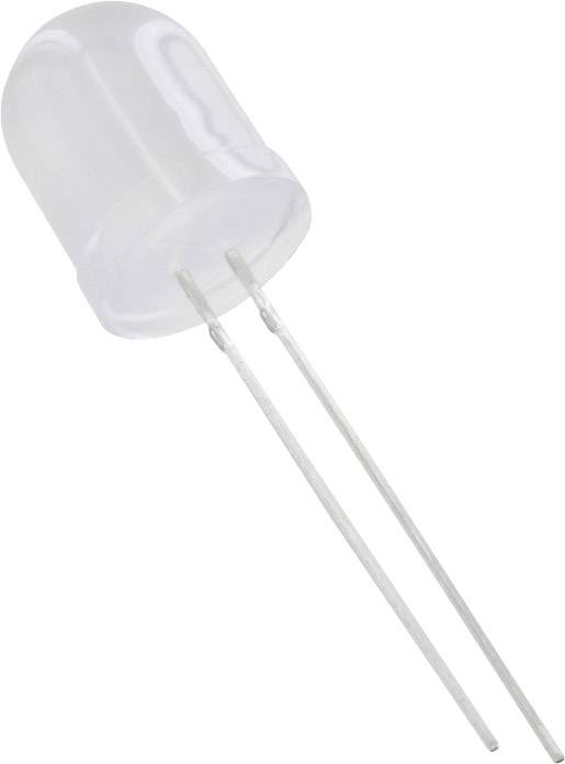 Une lumière LED transparente avec deux connexions métalliques. La LED est enfermée dans un boîtier en plastique lisse.